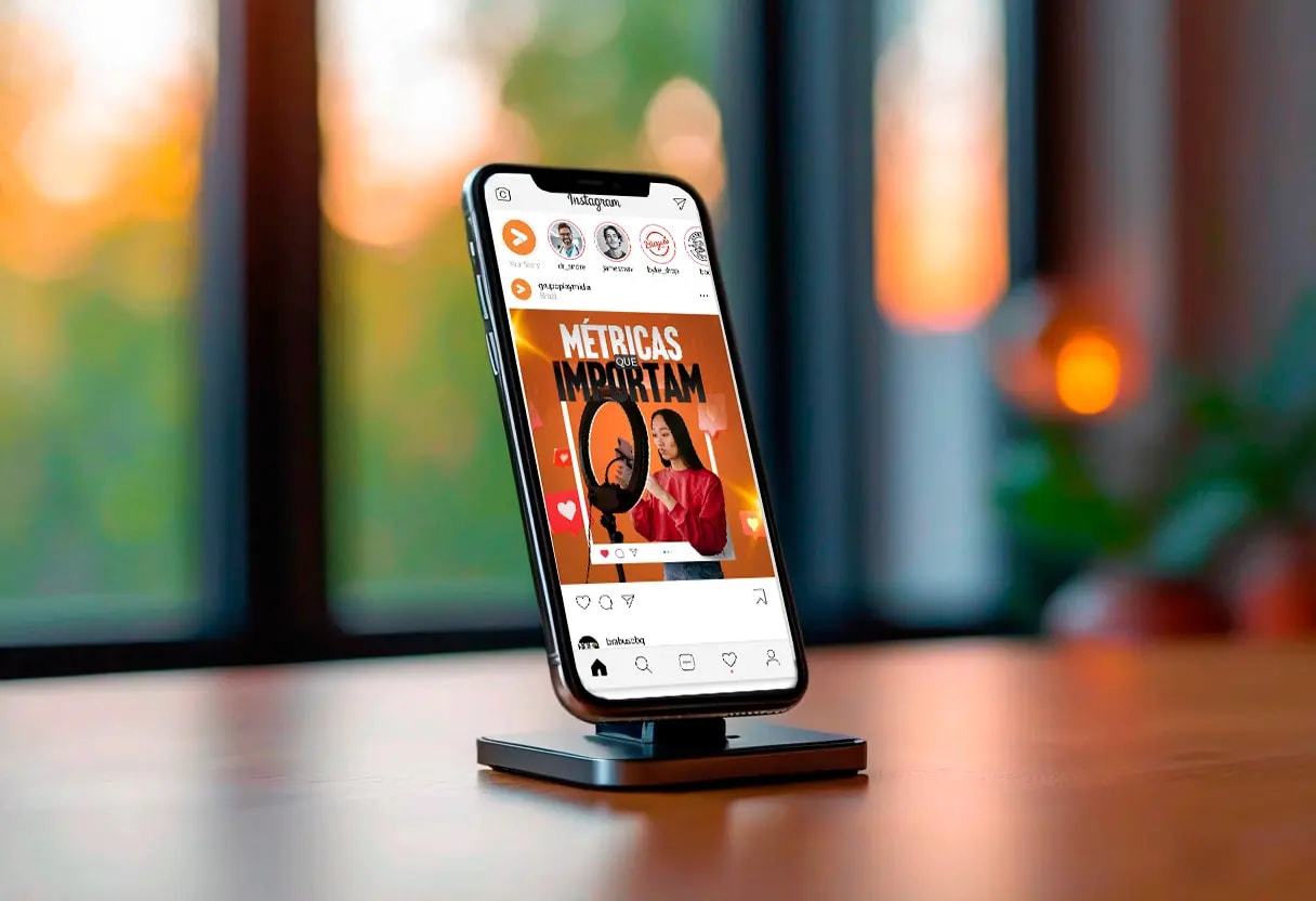 A smartphone shows a Play Midia's post at Instagram.